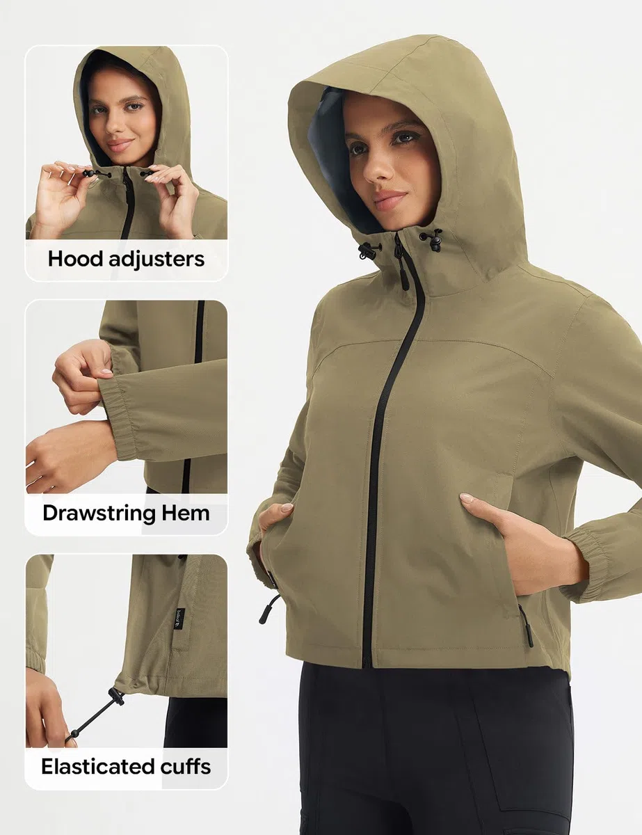 baleaf Chaquetas impermeables con capucha para mujer, cortavientos, ligera, corta para mujer, para senderismo, senderismo, ciclismo