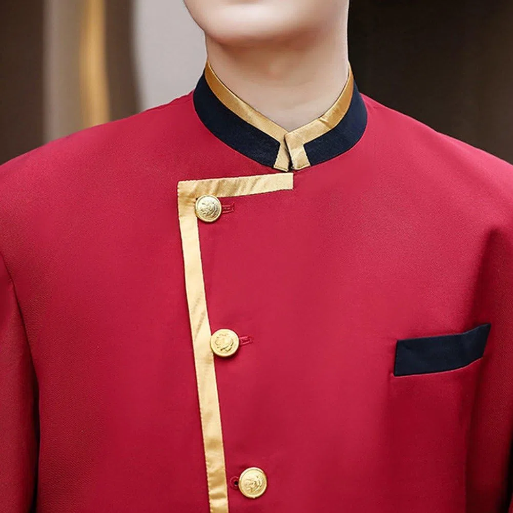 1 Conjunto De Uniforme De Recepción De Hotel con Sombrero, Uniforme Profesional De Hotel Rojo, Uniforme De Servicio De Manga Larga, Ropa De Camarero De Recepcionista De Hotel