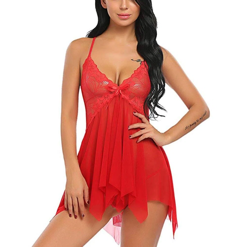 Lencería de Encaje Abierta con Tanga, Espalda Descubierta, Escote en V, camisón de Malla Transparente, Ropa Interior, camisón de Dormir (Rojo L) S