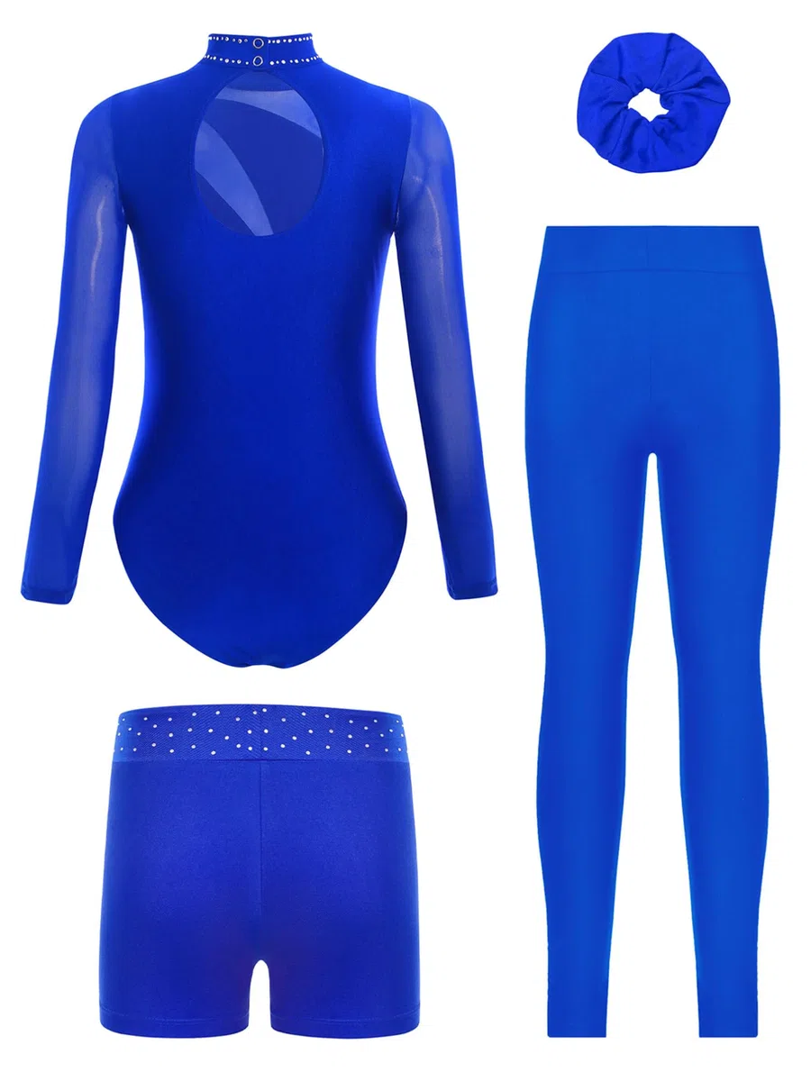 TiaoBug Conjunto De Baile Para Niñas Leotardo Gimnasia Rítmica Manga Larga Con Pantalones Cortos Y Leggings Traje De Patinaje Artístico Azul 15-16 años