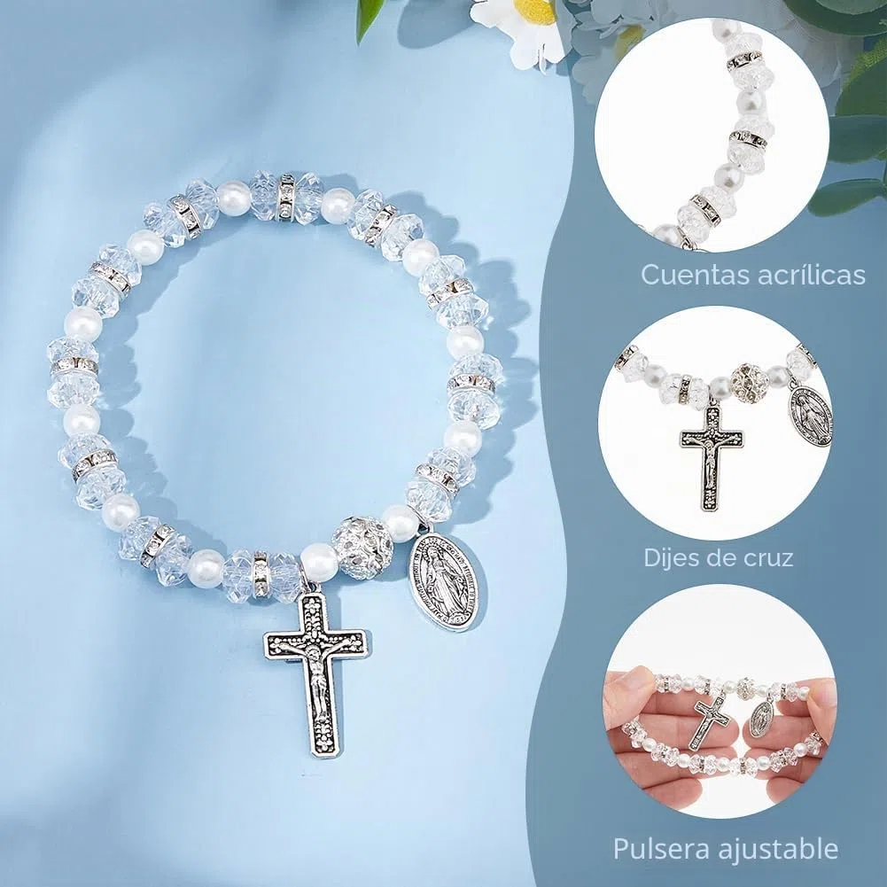 Pulsera de rosario elástica con cuentas y bolsas de malla, para bautizo, comunión, pulseras católicas con crucifijo para mujer