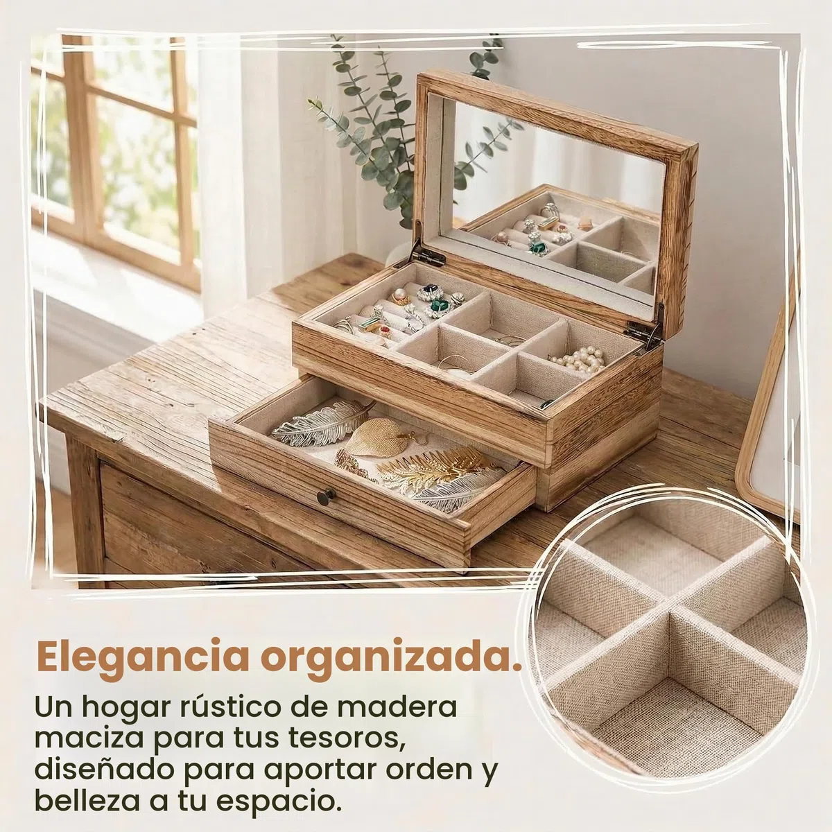 Tebery Caja Organizadora de Joyas de Madera Rústica con Espejo para Mujeres y Niñas, Caja de Almacenamiento de Joyas Vintage de 2 Capas con Bandeja para Anillos, Collares, Aretes, Pulseras (Madera
