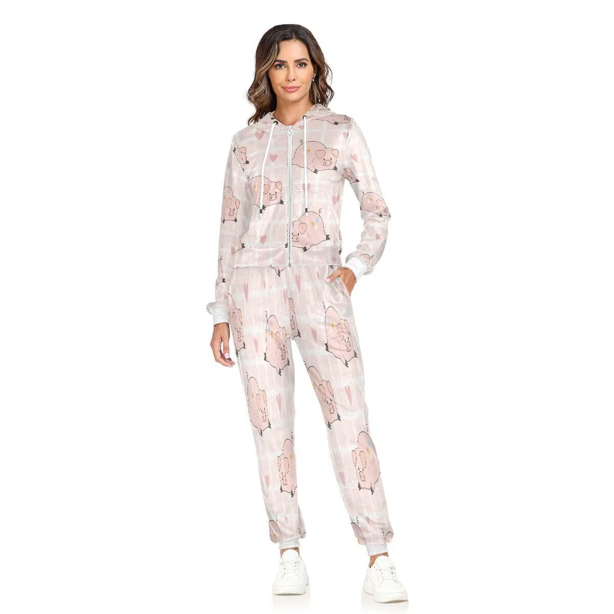 Conjunto deportivo de 2 piezas para mujer, diseño de corazones de cerdo rosa, manga larga, conjunto deportivo de animales de cerdo