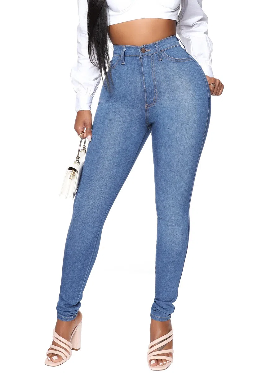 KUNMI - Vaqueros clásicos de cintura alta para mujer, ajustados, elásticos, con levantamiento de glúteos, pantalones vaqueros ajustados, Azul, Medium