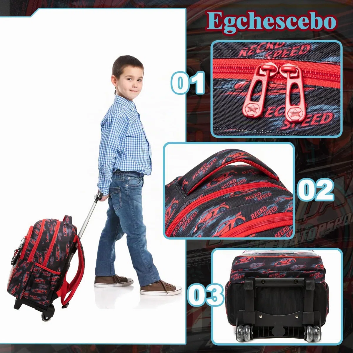 Mochilas Escolares con Coches Ruedas Carro Niño 17" 3PCS Mochila Carrito para Trolley Escolar Bolso de Viaje Estuche Stitch Chicos Maleta Colegio Grande Medianas Infantil Niños Rojo