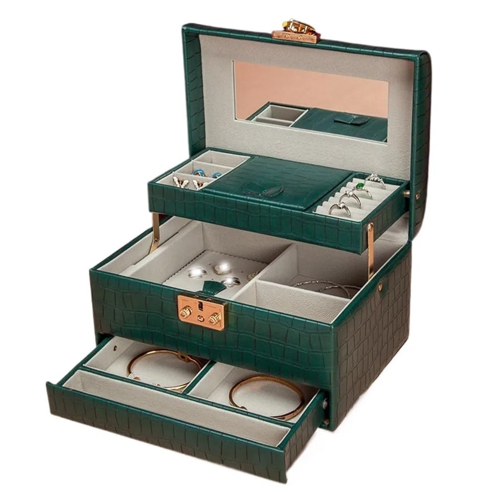 Torre para joyas Caja organizadora de joyas cuero con almacenamiento en espejo Soporte