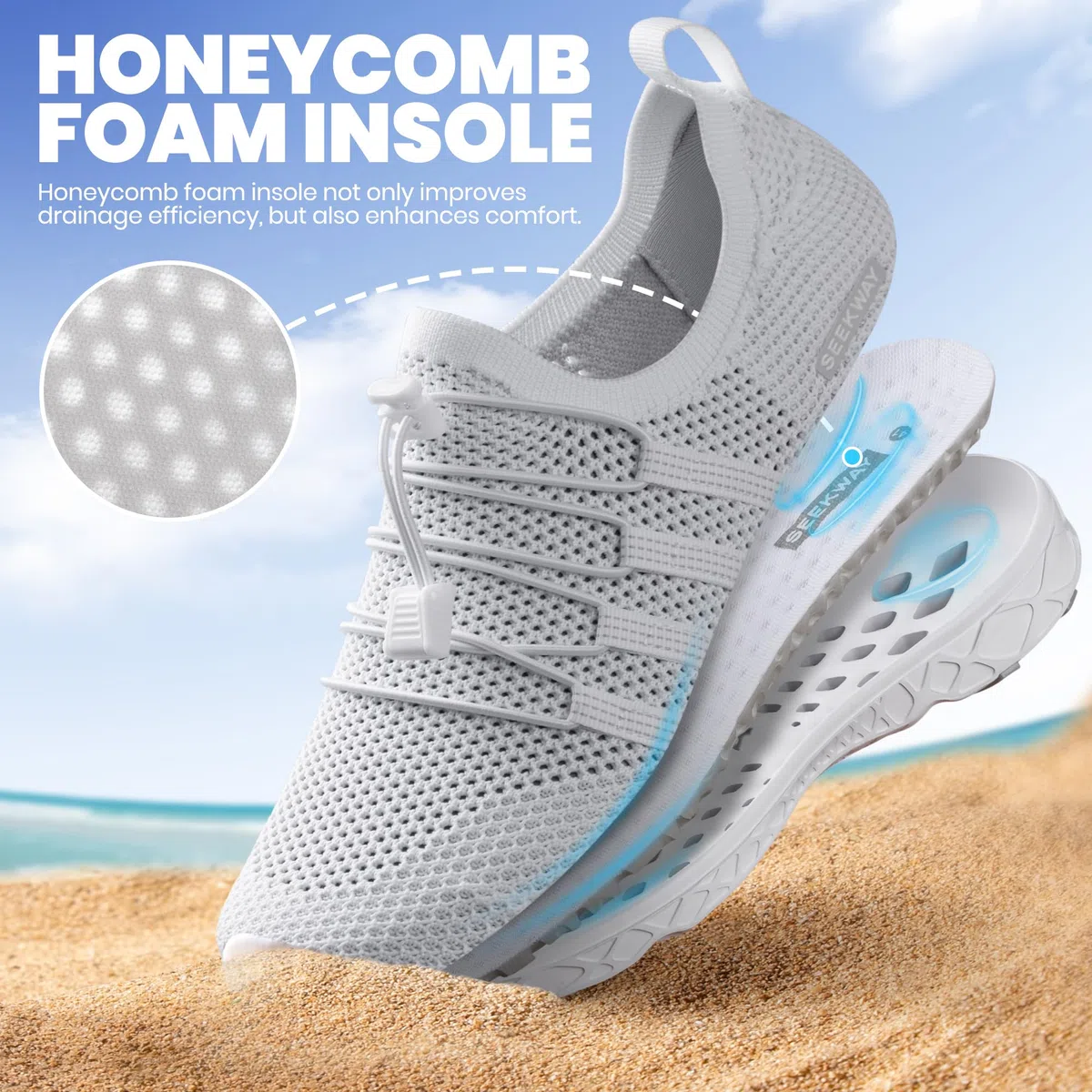 SEEKWAY Zapatos de agua para mujer, secado rápido, descalzo, acuático, atlético, para natación, piscina, playa, senderismo, surf, yoga, caminar, deportes acuáticos, SP005, 2d-flyknit Blanco, 36 EU