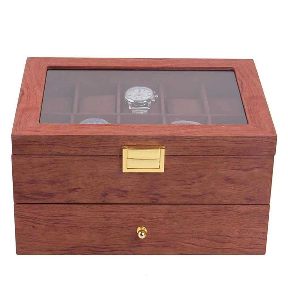 Caja para relojes con 20 compartimentos, caja de madera con tapa transparente, 29 x 21,5 x 16 cm, joyero para niñas, para relojes y joyas, regalo