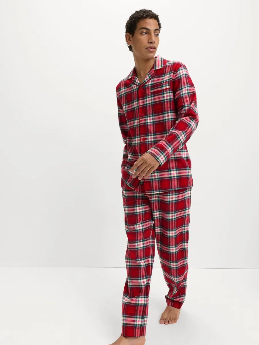 Marks & Spencer Conjunto de Pijama Navideño Familiar de Cuadros de Algodón Puro para Hombre, Ajuste Normal, Cintura con Cordón, con Bolsillos