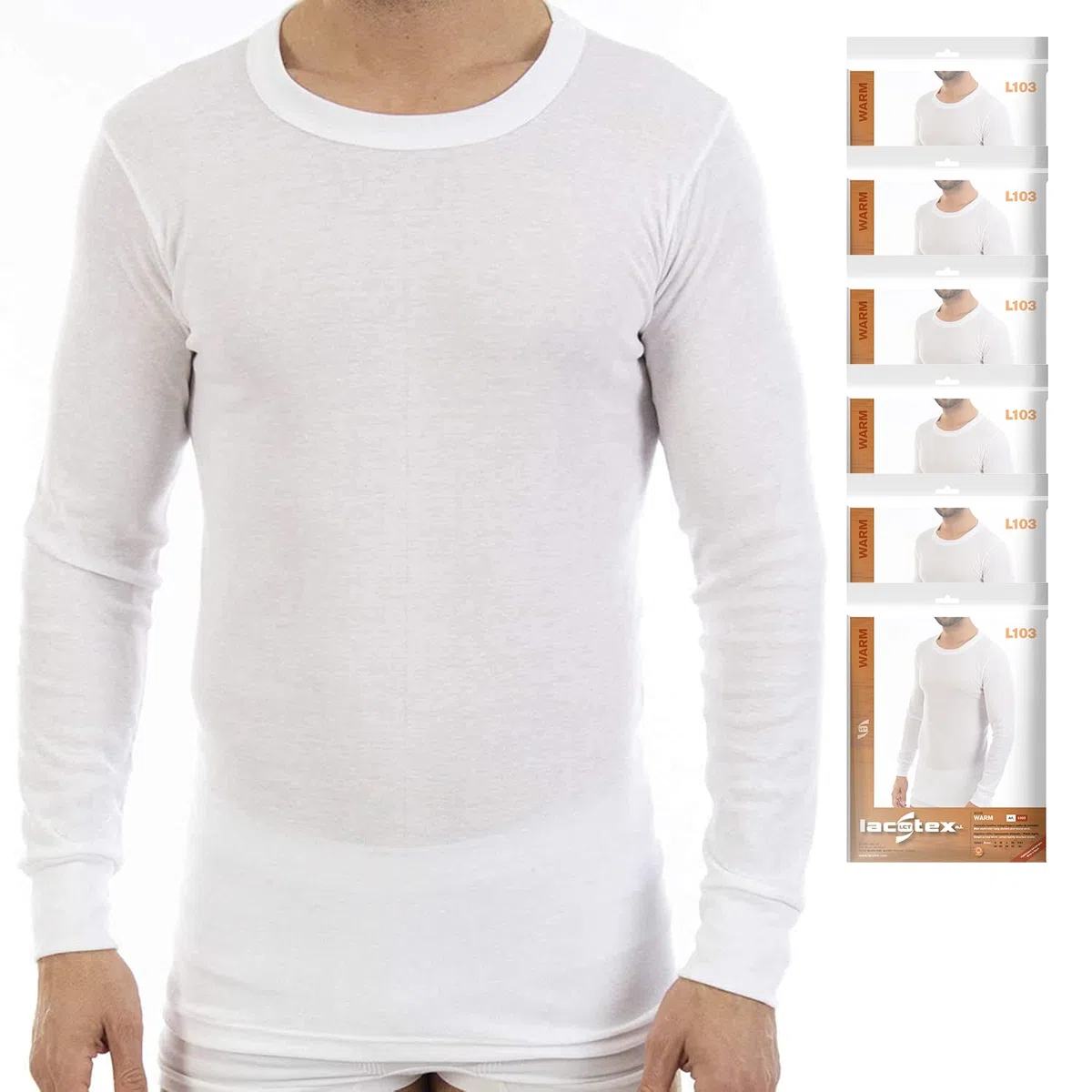 Lacotex Camiseta Interior Termal de Hombre | Camiseta Manga Larga y Cuello Redondo Térmica | Confort y Protección Térmica Interior | Pack Ahorro 6 Unidades | Talla S L103
