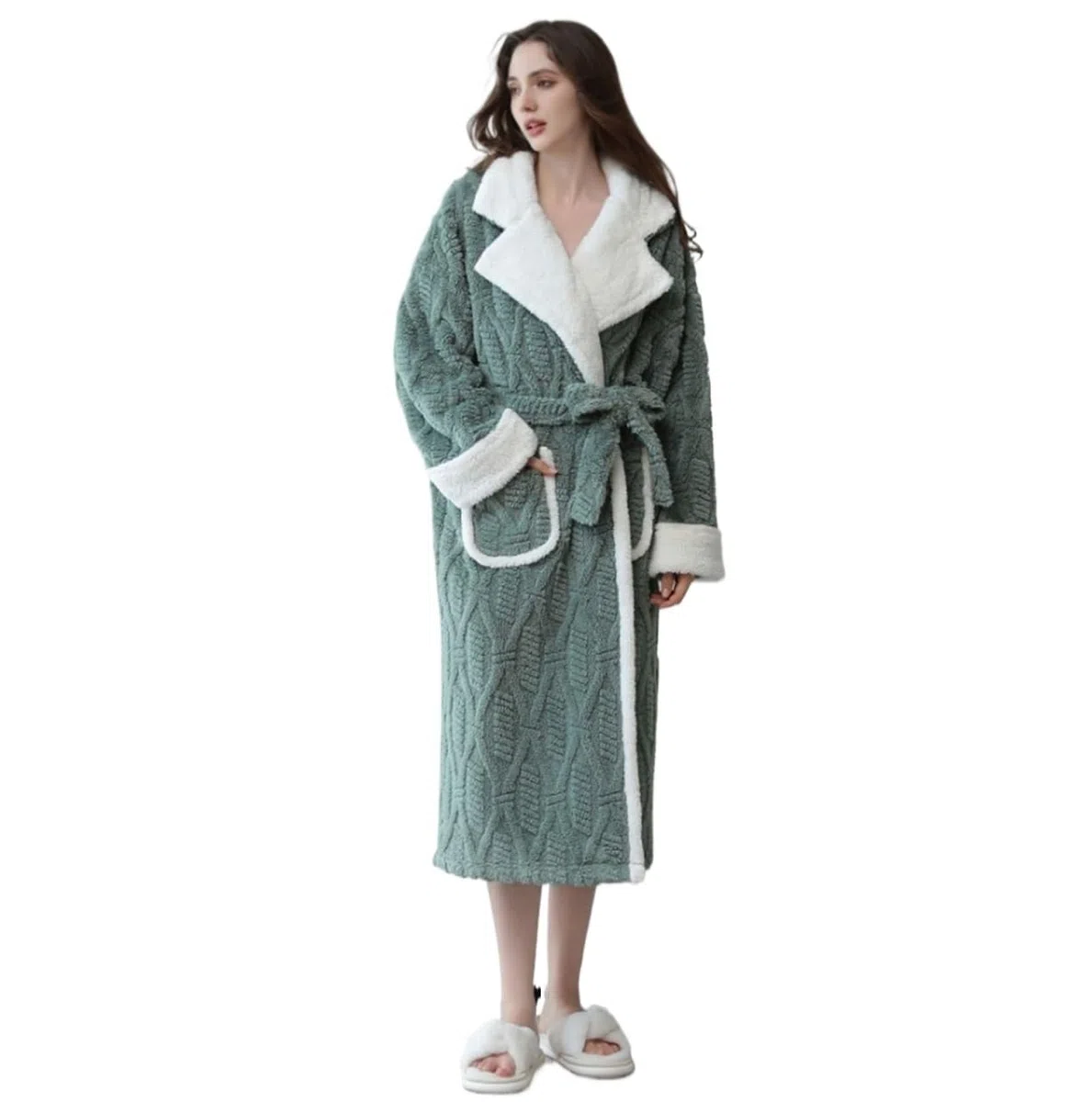 Albornoz Para Viajes Piscina Batas De Mujer Albornoz Solapa Spa Felpa Casa For Con Bolsillos For Cinturón Ropa De Dormir(Grün,XL)