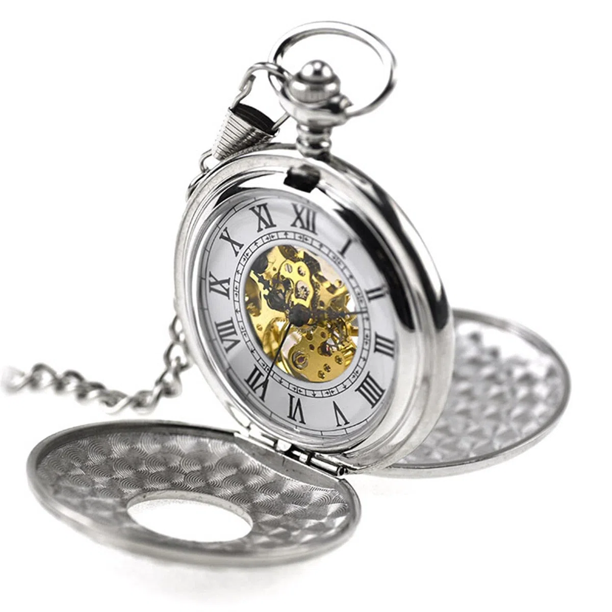 Relojes de Bolsillo, Relojes de Bolsillo mecánicos con números Romanos, Esfera 96, Esqueleto, Doble Cubierta Abierta, Cadenas, Regalos cumpleaños y graduación