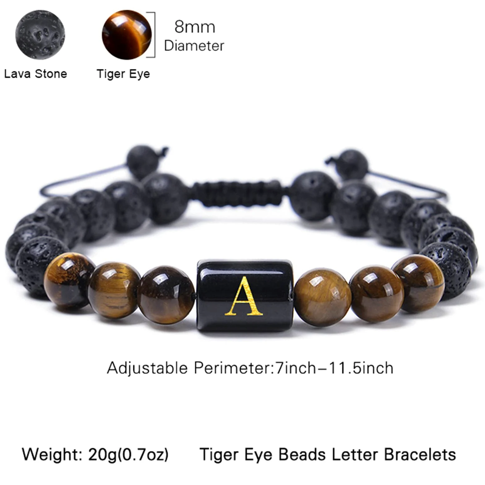Pulsera difusora de aceites Esenciales Roca de Lava, Piedra de Lava Pulsera de Piedra de Ojo de Tigre con Letra AZ Pulseras Ajustables para Mujer 29,2 CM