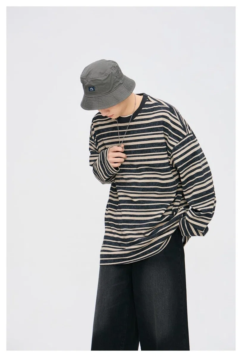 Camiseta Unisex De Algodón Pesado, Camiseta De Manga Corta Informal, Suave Y De Gran Tamaño,Básica,Camiseta A Rayas De Manga Larga, Cuello Redondo Holgado.