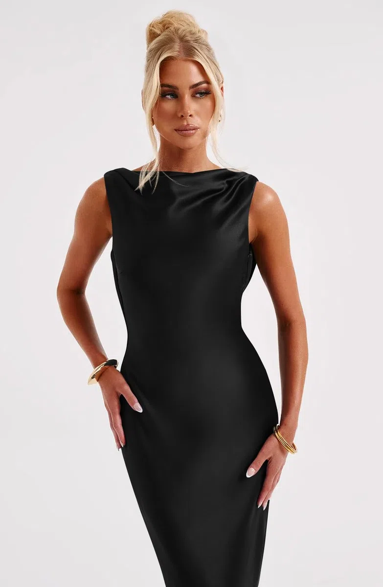Memoriesea Elegante vestido largo sin mangas con cuello alto para mujer, para cóctel, boda, fiesta