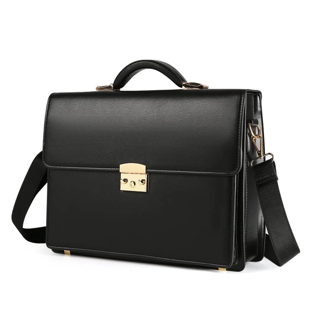Maletín de piel para ordenador portátil, para hombre y mujer, estilo vintage, bolso de trabajo, color negro