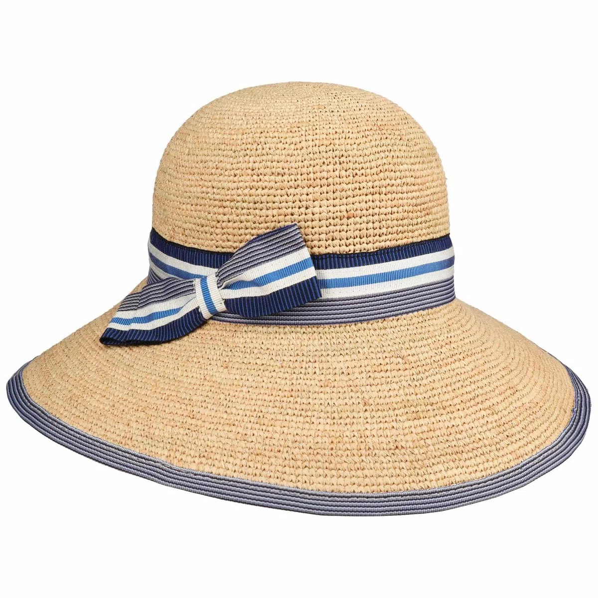 Mialina Crochet Raffiahut Glockenhut Schlapphut Sombrero de paja para mujer, sombrero de verano, sombrero de sol para mujer, hecho en Italia con forro, cinta de grogrén, primavera-verano