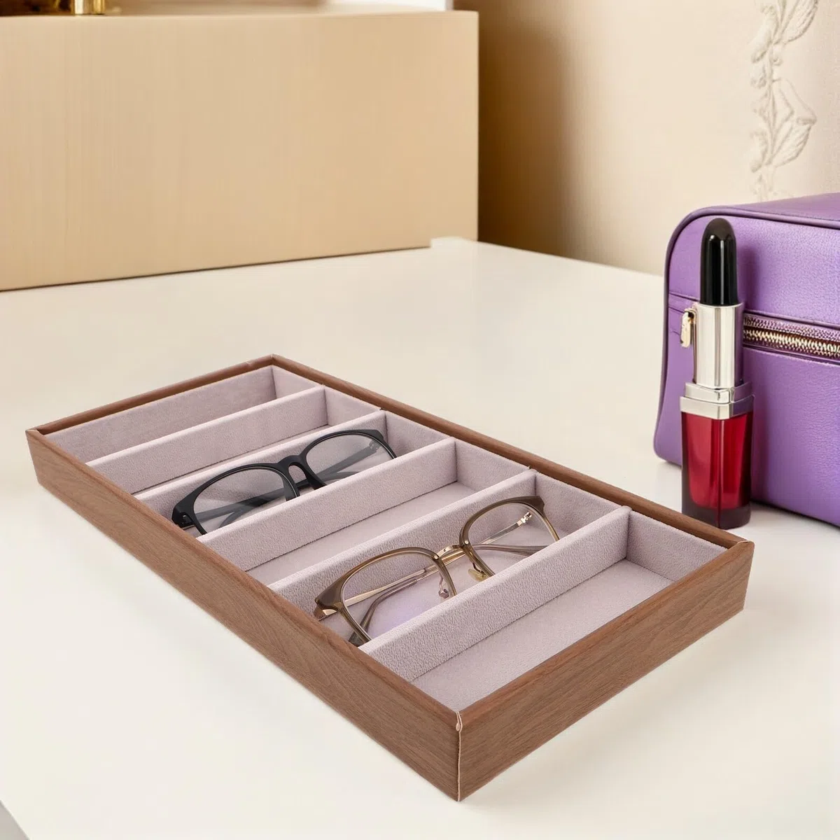 NOLITOY Soporte para Gafas de Madera Diseño de Veta Natural Bandeja Organizadora Dividida para Gafas de Sol Joyas y Relojes Estuche Multifuncional para Escritorio Protección contra