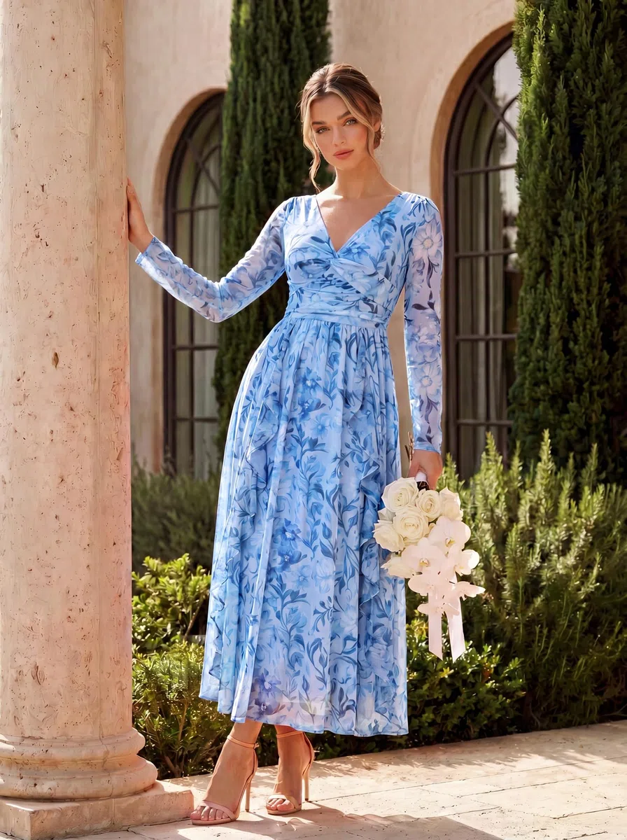GRACE KARIN Vestido elegante para mujer, cuello en V, manga larga, vestido de cóctel, vestido de flores, vestido maxi, fiesta, boda