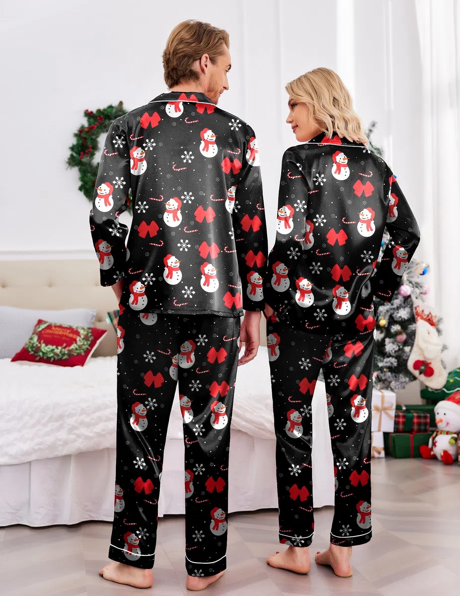 Ekouaer Pijamas a juego para parejas, de seda, de manga larga, de satén, suave, con botones, tallas S-XXL, Navidad, negro, X-Large