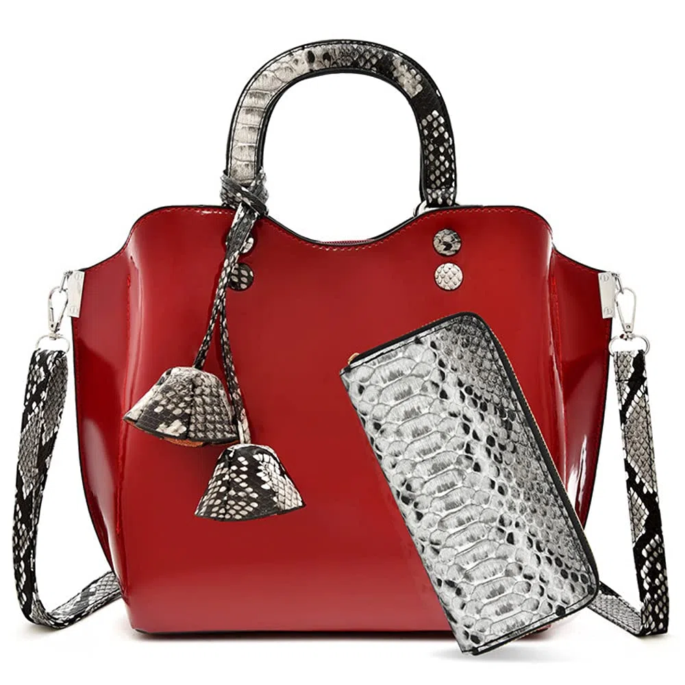 Bolso de mano para mujer, de piel sintética, con estampado de serpiente, asa superior, bolso de mensajero, bolso de hombro, cartera larga, juego de 2 piezas