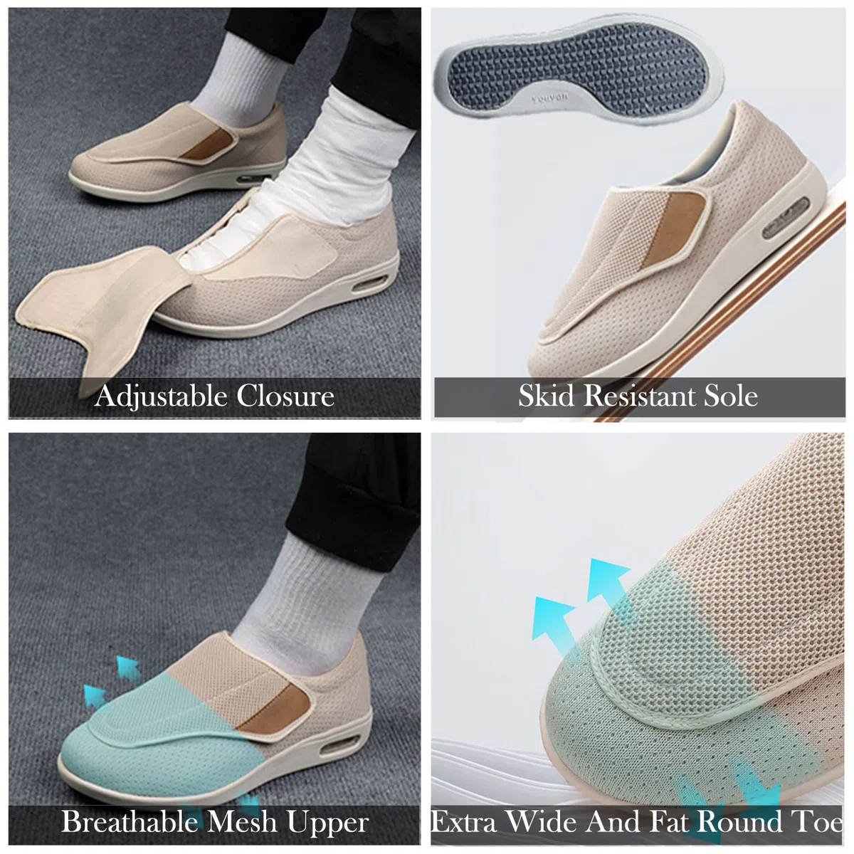 Zapatos para DiabéTicos para Hombre, Zapatos Ajustables para Edemas, Zapatos Extra Anchos Sin Cordones, Zapatos OrtopéDicos para Caminar, Transpirables, para Pies Hinchados