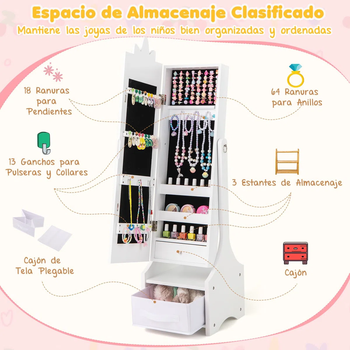 GOPLUS Armario de Joyería para Niños con Espejo de Cuerpo Entero, Organizador de Joyería Infantil de Pie con Cajón Plegable, 2 Ángulos Ajustables, Armario de Joya Princesa para Dormitorio (Blanco)