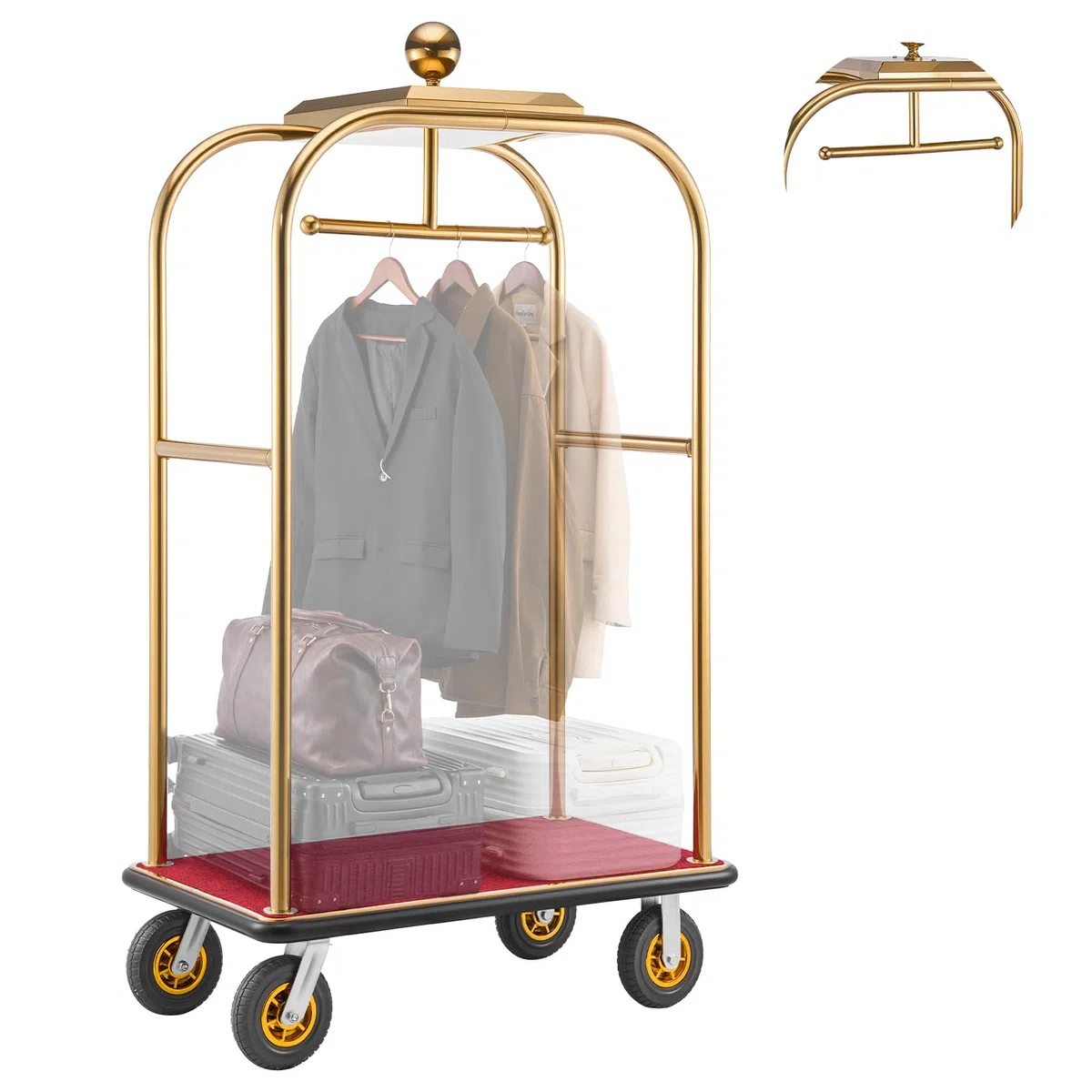 VEVOR Carrito de Transporte para Hotel, Carro de Equipaje con Barra para Colgar de Acero Inoxidable con Plataforma Roja de 1080 x 640 mm, Capacidad 544 kg con Ruedas de Goma para Resorts Recepciones