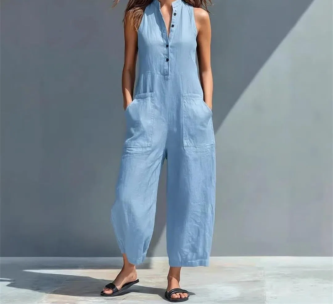 Yeuyyben Mono de una pieza sin mangas con cuello alto y pierna ancha para mujer, cintura alta, bolsillo, oficina, casual, elegante