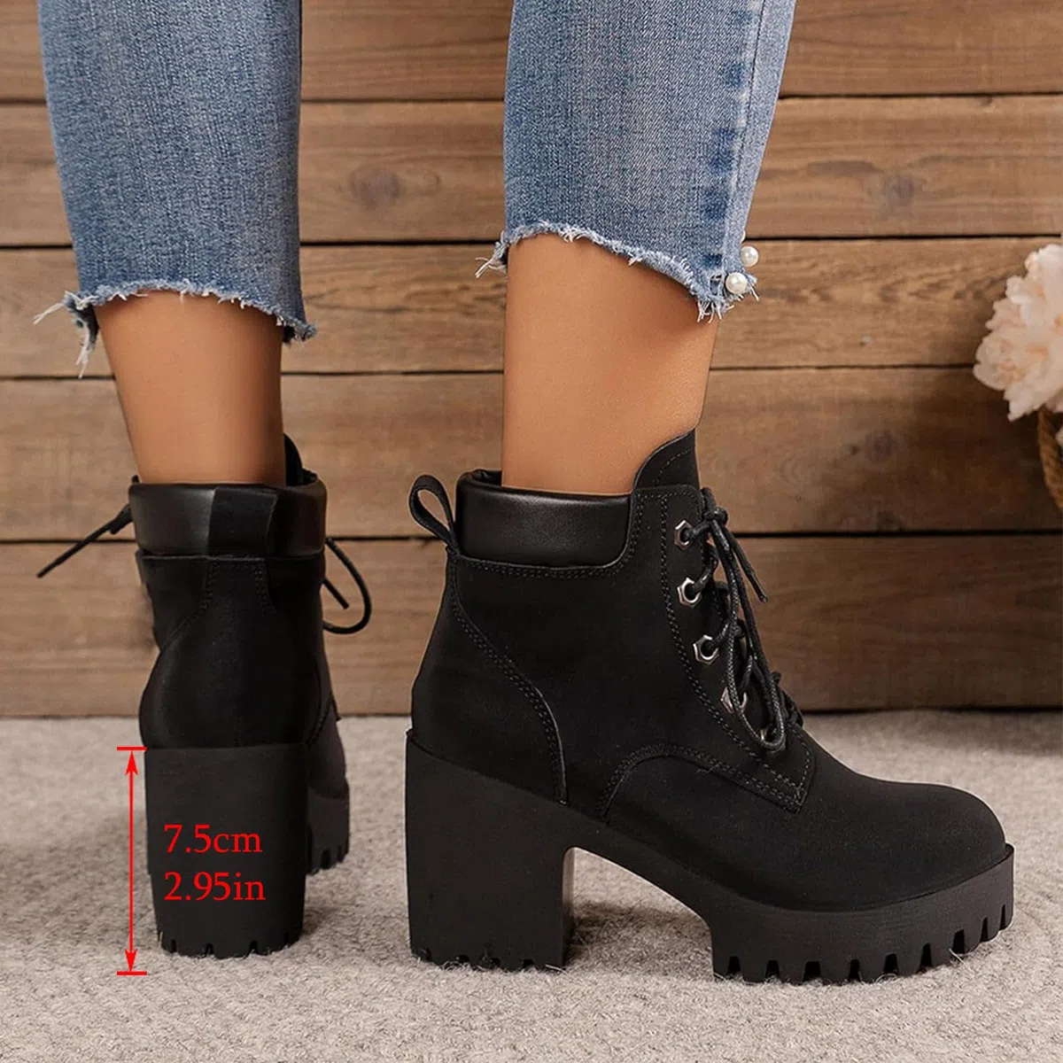 Botas de tacón grueso con cordones para mujer, plataforma de moda de tacón alto, botas informales, punta redonda, invierno, aspecto de piel, botas cortas