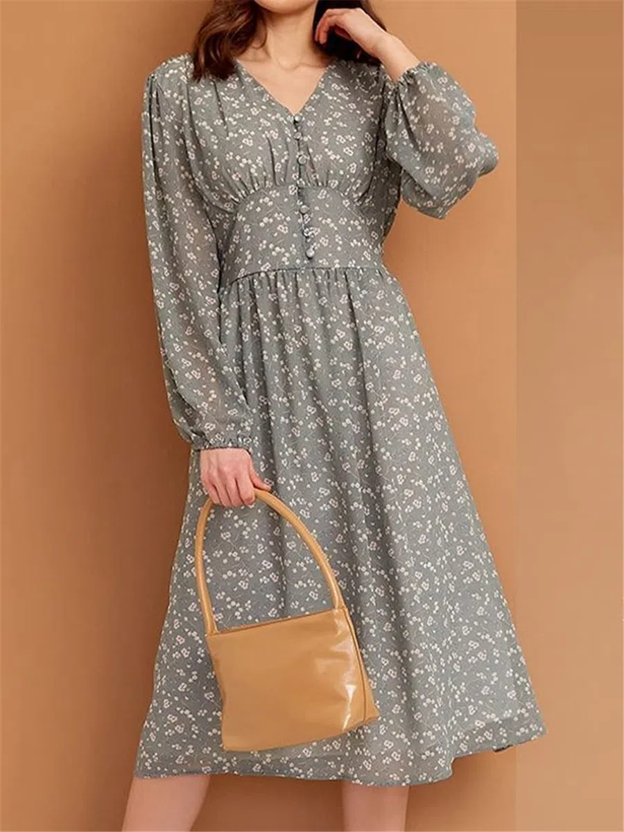 Vestido midi de manga larga con cuello en V y estampado floral para mujer, estilo francés, cintura imperio