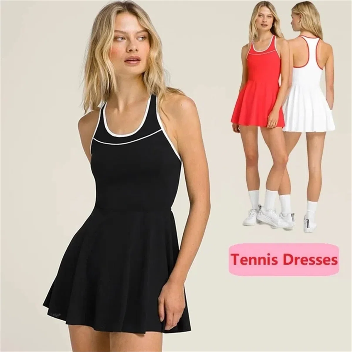 Vestido Tenis Mujer Vestido de Tenis una Pieza for Mujer, Vestidos con Espalda Cruzada y Cuello Redondo Pantalones Cortos Interiores Separados, Faldas Deportivas sin Mangas Bolsillos