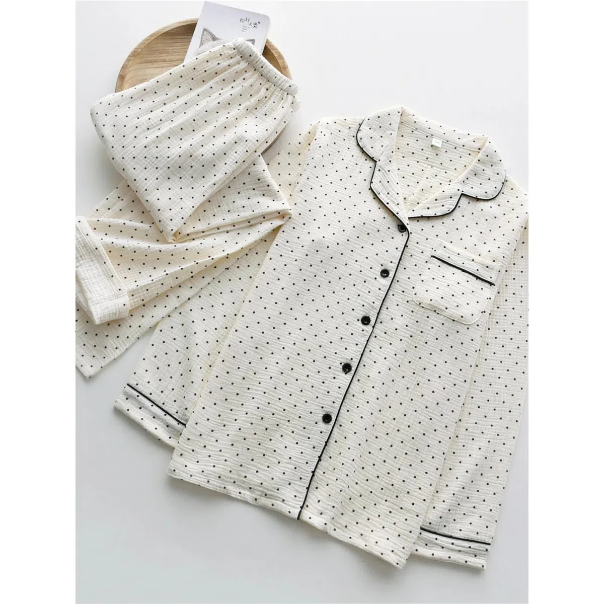 1 Juego de Pijamas Lunares algodón Doble Capa Gasa Suave Manga Larga y Pantalones Ropa Dormir for Primavera Verano para Descanso en casa