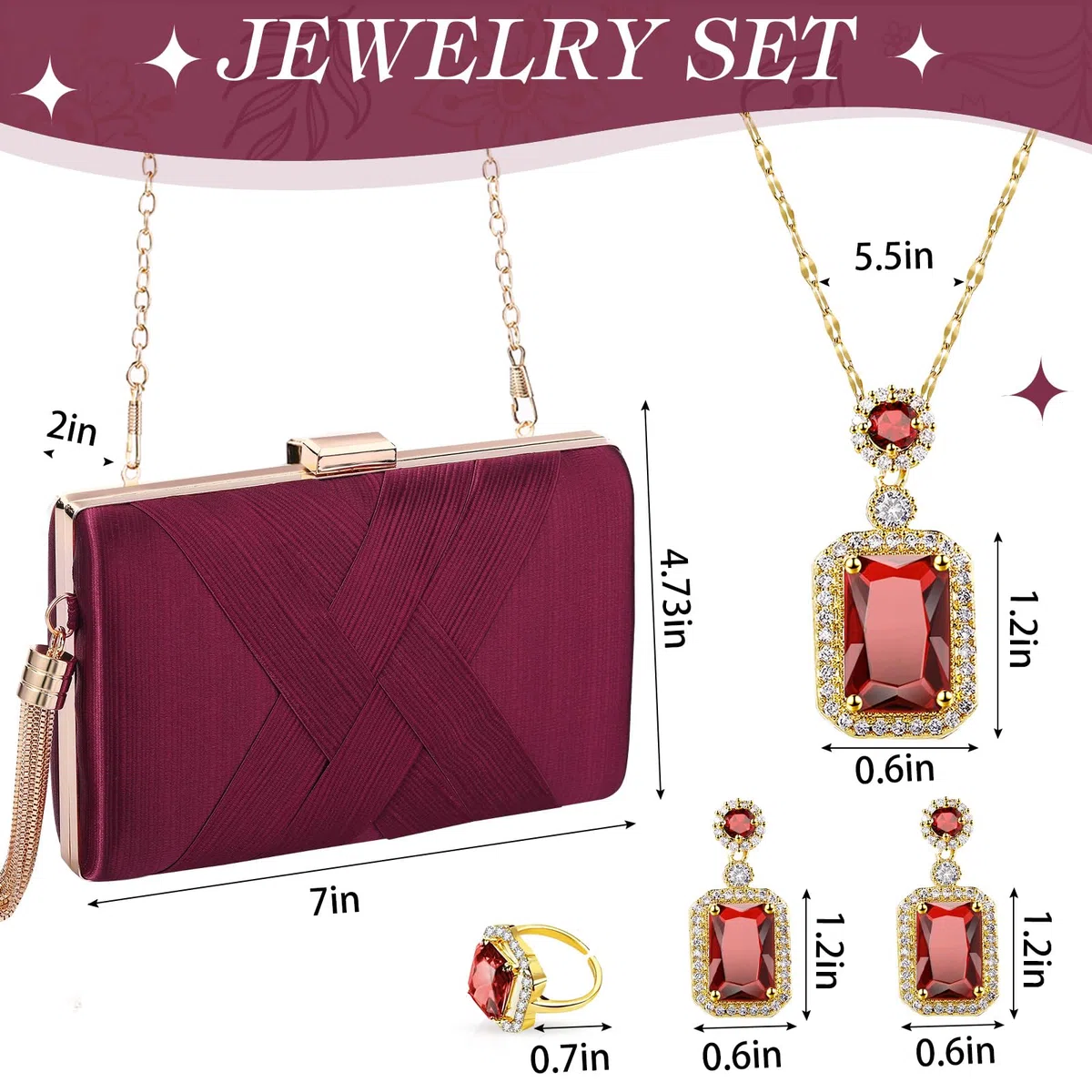 Jadive Juego de 5 piezas de joyería de satén para mujer, vestidos de noche, bolso de graduación, bufanda, aretes, collar, anillo para boda, novia, noche, fiesta, accesorios vintage para banquetes