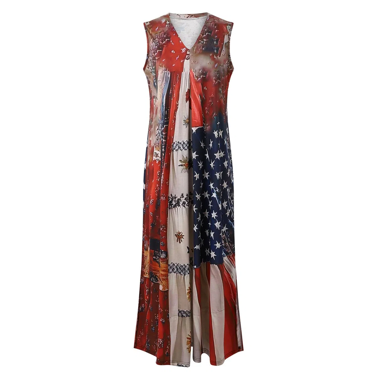 Vestido de verano casual con cuello sin mangas y estampado floral para mujer, día de la independencia