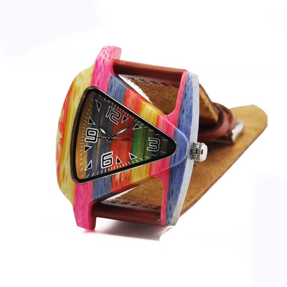 Relojes de madera para mujer y mujer, diseño de triángulo, reloj de madera, ligero, hecho a mano, de madera, reloj de pulsera de cuarzo para hombres y mujeres, reloj de pulsera, colorful bamboo