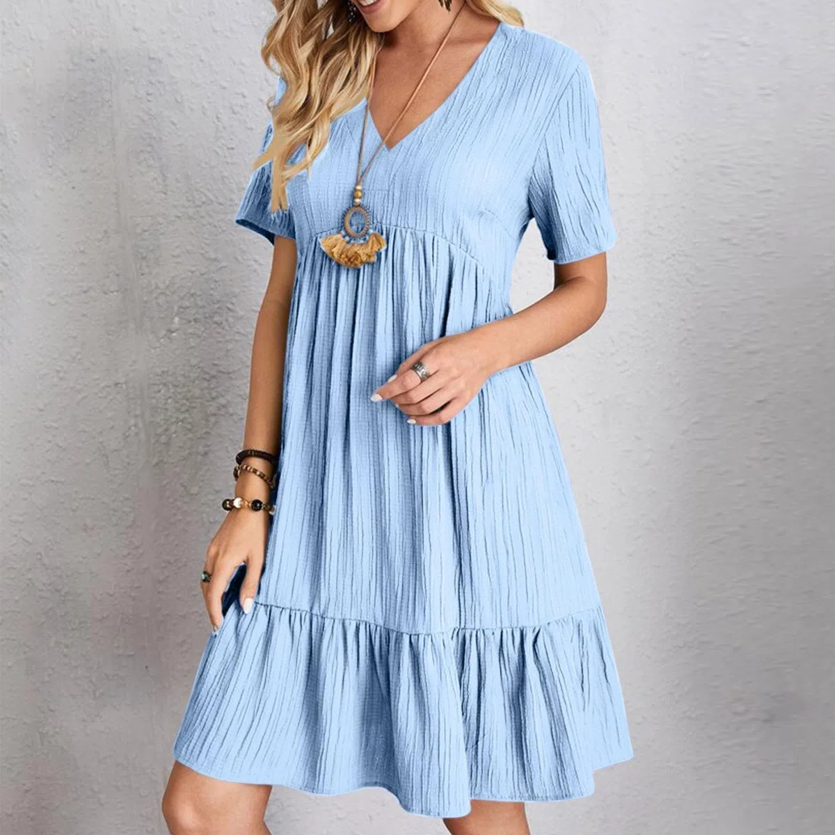Vestido de muselina para mujer, de verano, de lino, largo hasta la rodilla, con cuello en V, camiseta, vestido de manga corta, vestido de casa, elegante, sencillo, informal, suelto, con volantes