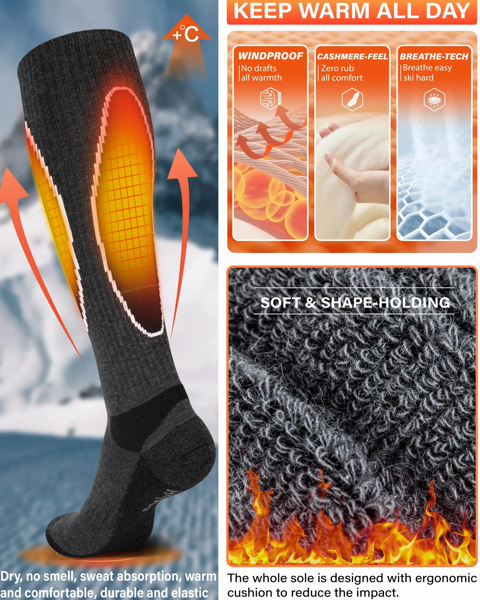 Calcetines de esquí de lana merino para snowboard, nieve, invierno, calcetines térmicos hasta la rodilla calientes, caza, deportes al aire libre (3 pares (gris negro)