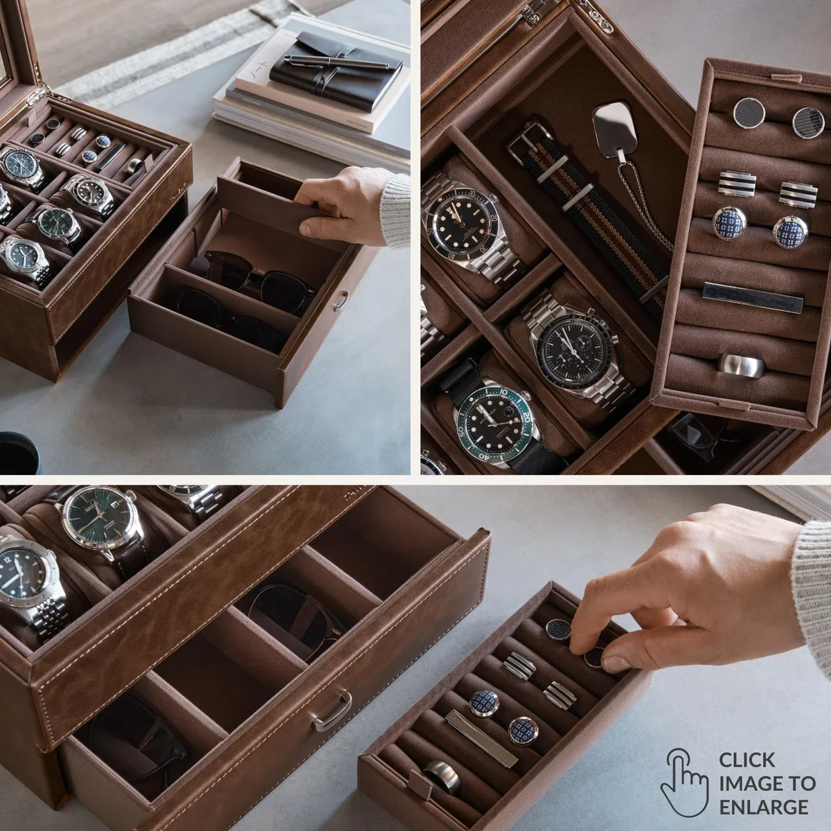 TAWBURY Estuche de Cuero Vegano para 6 Relojes y Joyería para Hombre - Organizador y Caja de Almacenamiento