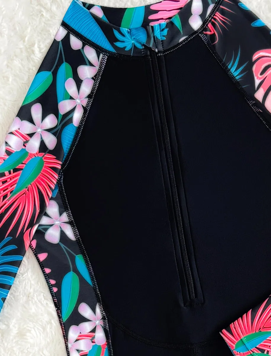 IMEKIS Traje de baño de una pieza para niñas y niñas, manga larga, estampado floral, con cremallera, UPF 50+, protección contra erupciones, modesto, cuerpo completo, traje de baño para deportes