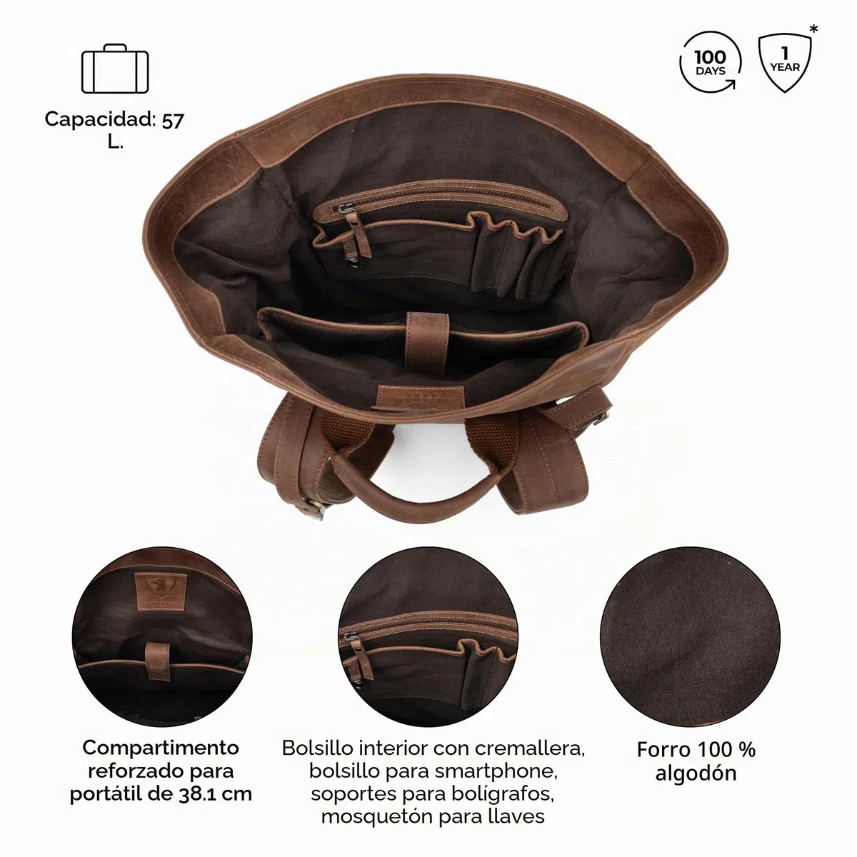 Berliner Bags Mochila de Piel Lille, Mochila Rolltop Impermeable con Compartimento para Portátil de 15”, para Hombre y Mujer - Marrón