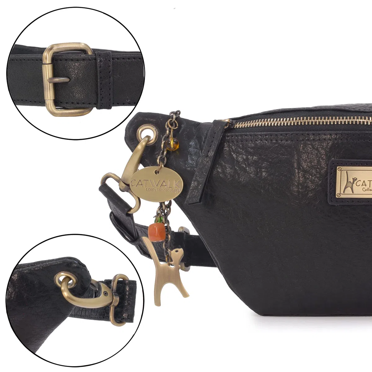 Catwalk Collection Handbags - Riñonera Mediana de Piel para Mujer - Bolso de Cintura para Festival o Viaje - con Cinturón Ajustable - Ariana - Negro