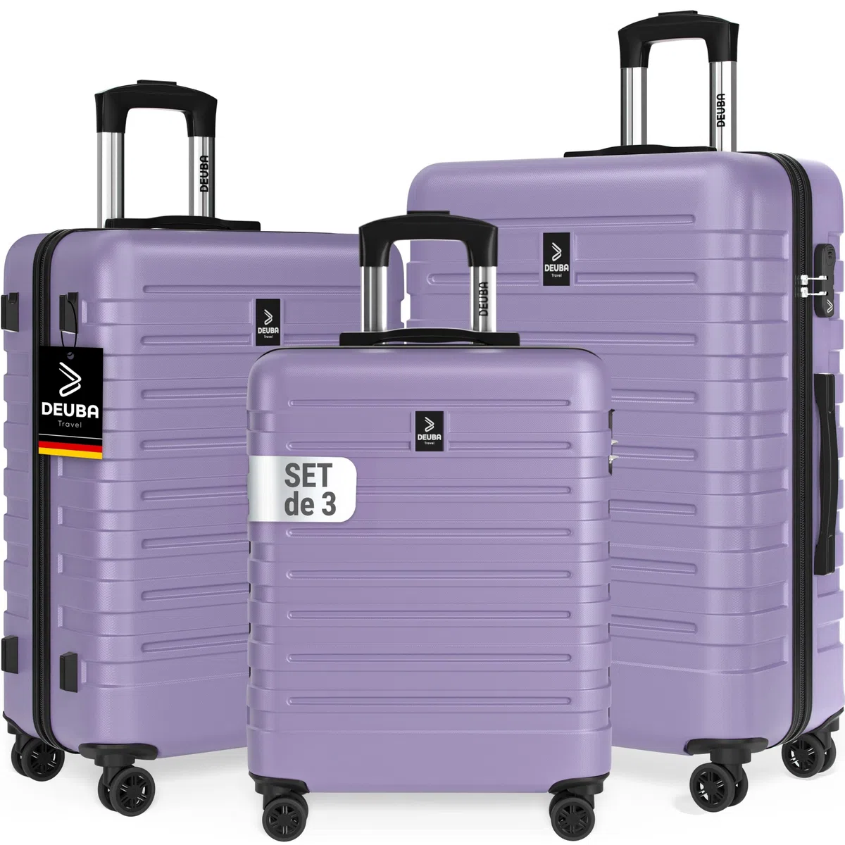 DEUBA® Juego de Maletas de Viaje Rígidas ABS 3 Piezas Asa Telescópica Correas Compartimientos Resistente Trolley Ruedas 360° Cerradura Combinación Apilables Lila Pastel