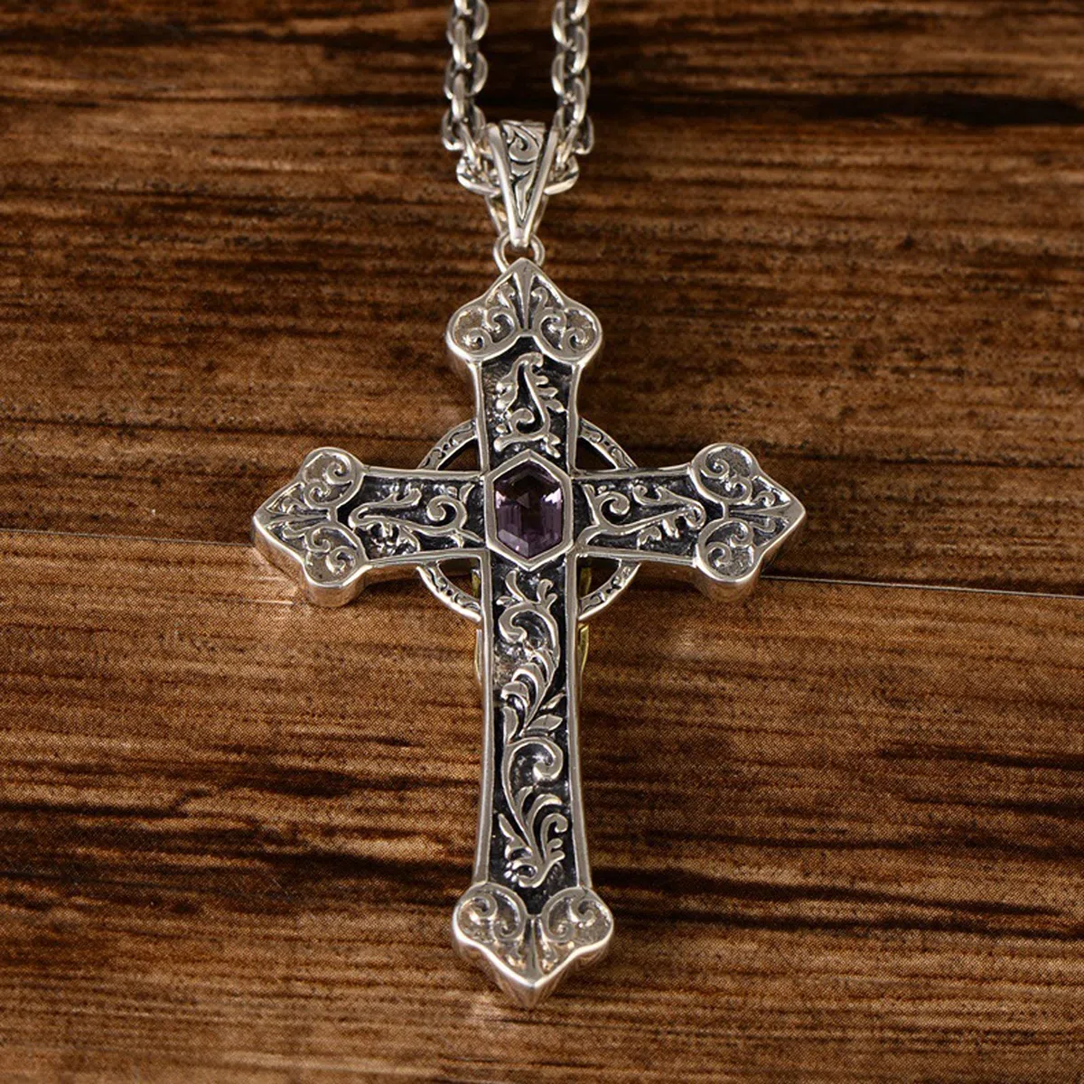 s925 Colgante de Plata de Ley con Cruz de la Virgen maría con Colgante de Plata Amatista