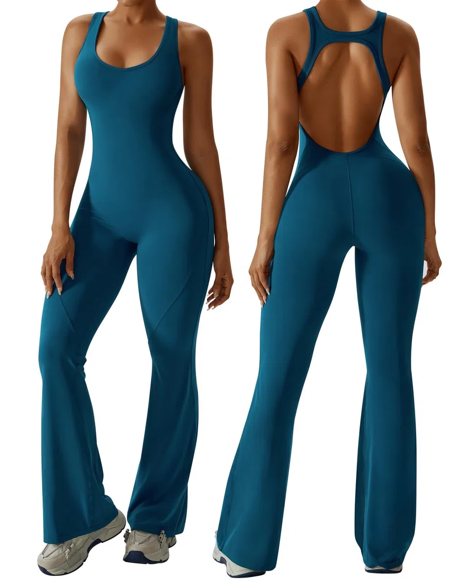 OEAK Mono acampanado para mujer, todo en uno, espalda cruzada, cuello redondo, sin costuras, acolchado, bodycon, para fitness, yoga, gimnasio, deporte, azul, L