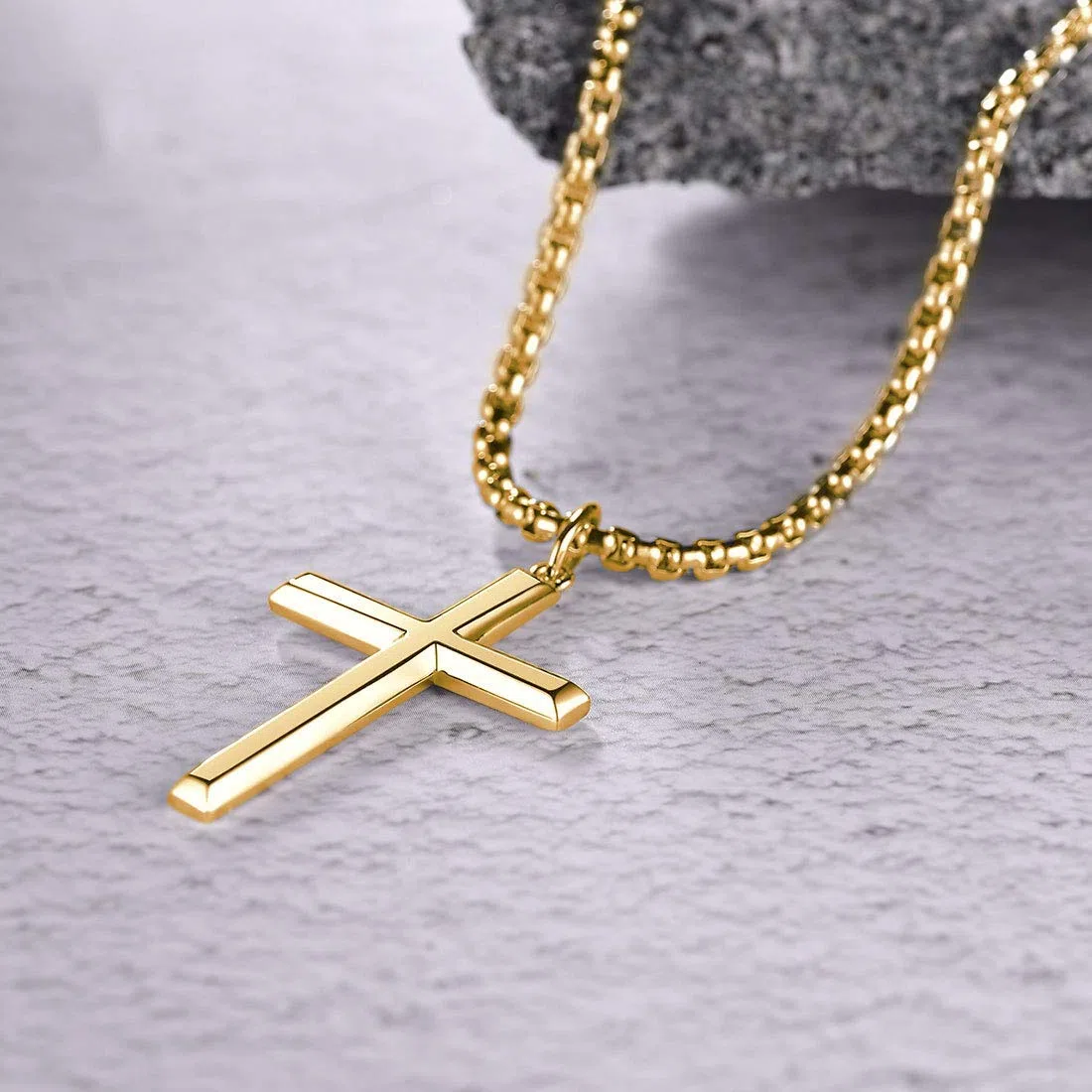 FANCIME Collar con Colgante de Cruz para Hombre Niños de Plata de Ley 925 Chapada Oro Amarillo con Cadena de Acero Inoxidable - Longitud Cadena: 56 cm
