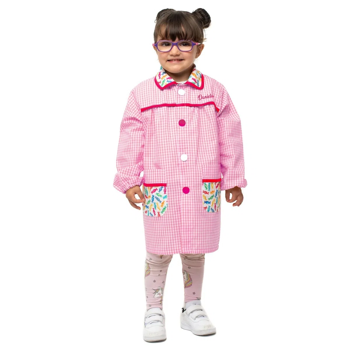 Nenel Conjunto Escolar para Colegio o guardería: Mandilón, babi o Bata Escolar + Bolsa merienda Bordado con el Nombre. Modelo Caramelos