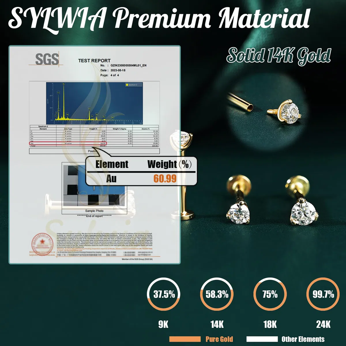 SYLWIA Piercing para labios de oro real de 14 quilates, 16 g de hilo interno, joyería Ashley para labios, diamante de imitación CZ – 2,5 mm 3 mm, 18 g, nariz, caracola, hélice, tragus, labret para