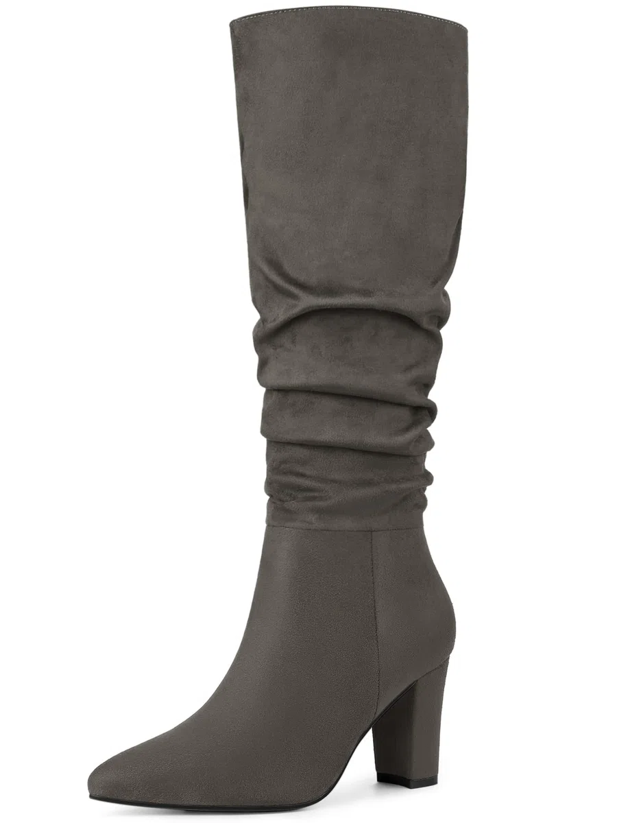 Allegra K Women's Slouch Pointed Toe Chunky Heel Knee High Boots