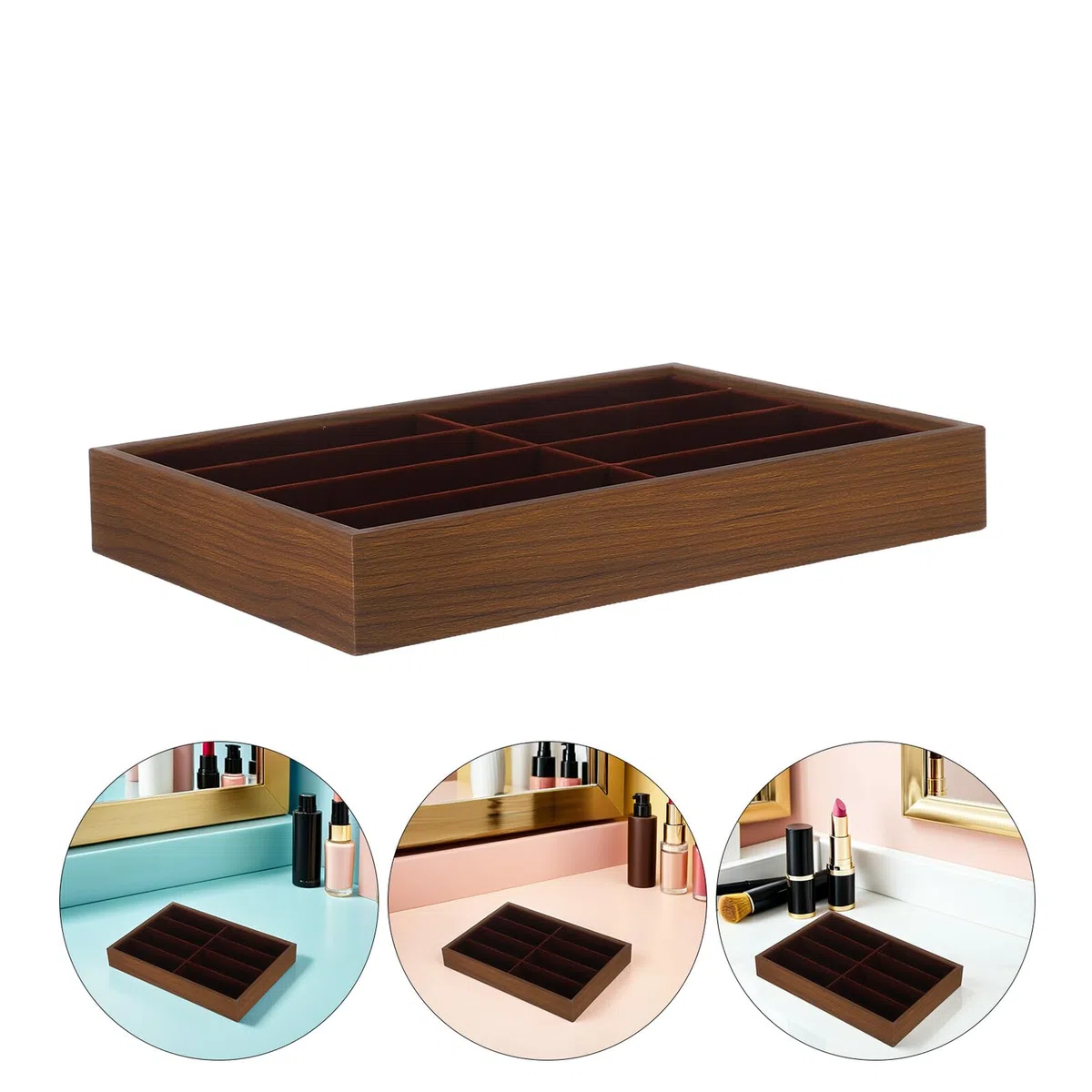 Zerodeko Organizador de Gafas de Sol 8 Compartimentos Bandeja de Almacenamiento de Madera Nogal Soporte para Gafas sin Tapa Portátil para Escritorio y Viaje